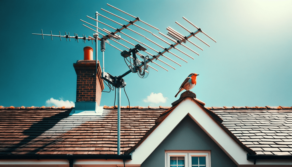 photo of a townhouse roof with shingles. a tv aerial, which is a common sight in uk homes, is installed on the roof. a robin is perched on the