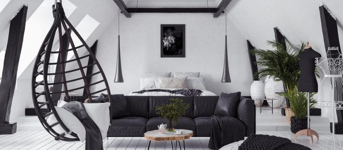 modern open plan apartment in attic  loft style  3d render