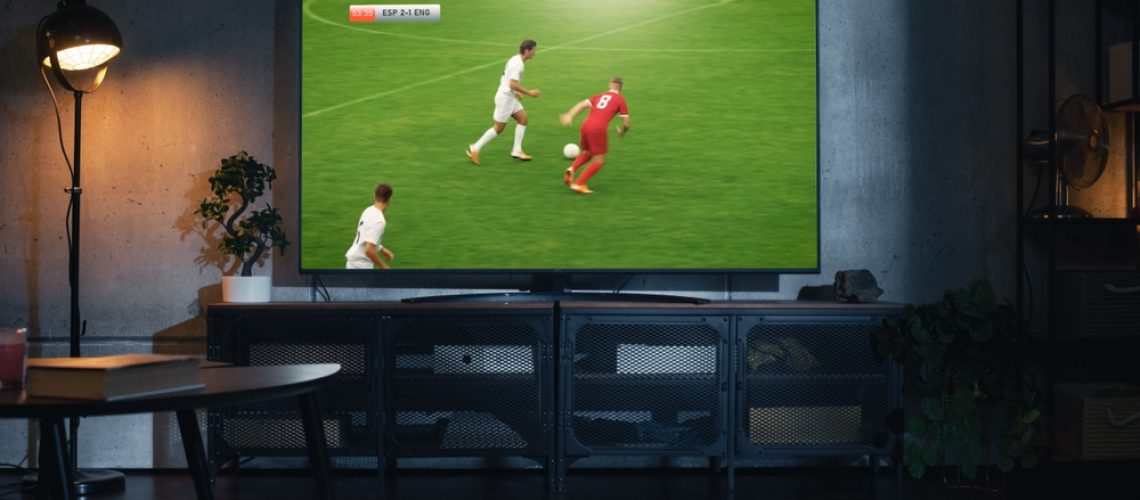 shot of a tv with soccer match on big flat